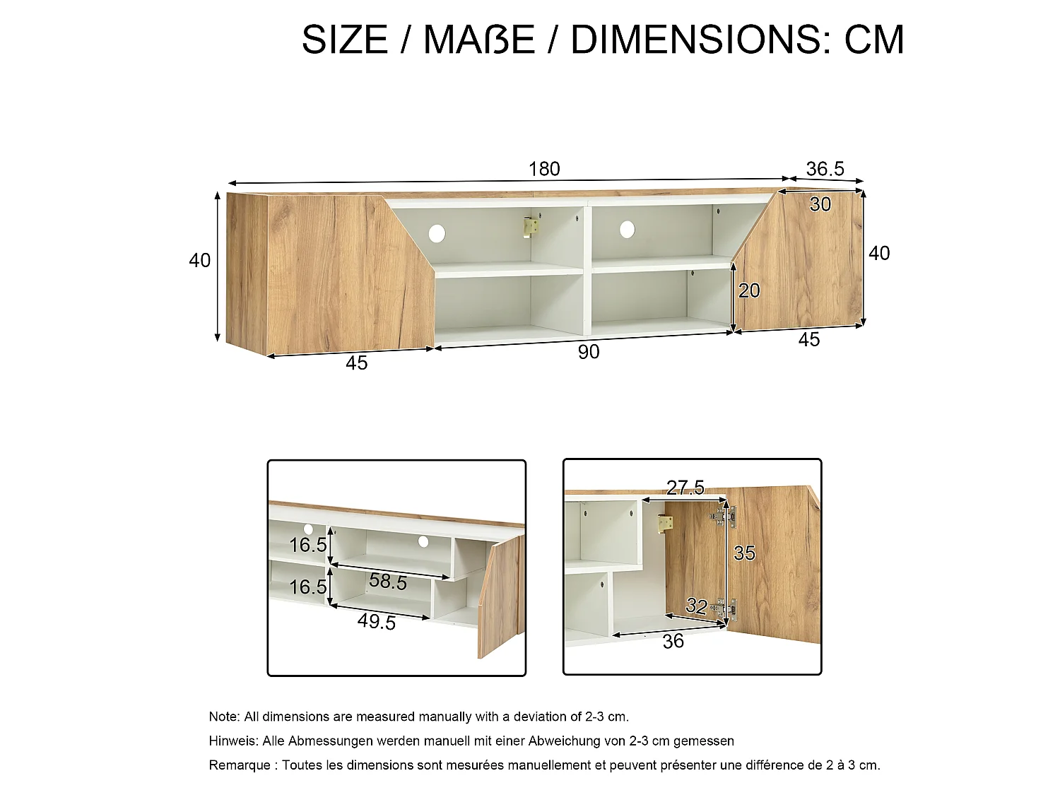 Wand-TV-Schrank 180x36,5x40 cm – Mit LED-Band – 2 Türen und 6 Aufbewahrungsfächer – MDF – Natur und Weiß
