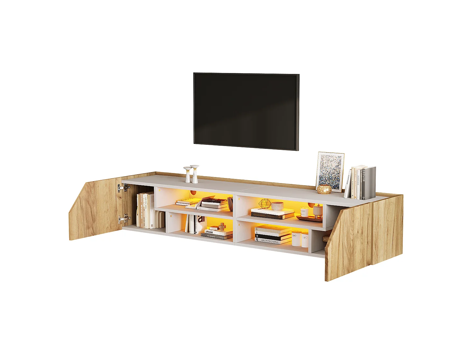 Wand-TV-Schrank 180x36,5x40 cm – Mit LED-Band – 2 Türen und 6 Aufbewahrungsfächer – MDF – Natur und Weiß