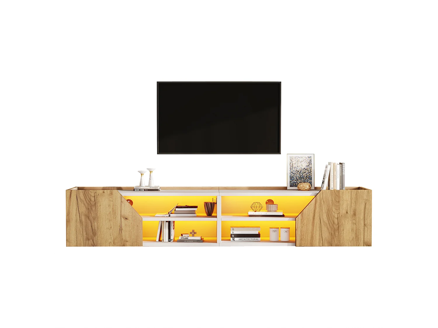Wand-TV-Schrank 180x36,5x40 cm – Mit LED-Band – 2 Türen und 6 Aufbewahrungsfächer – MDF – Natur und Weiß