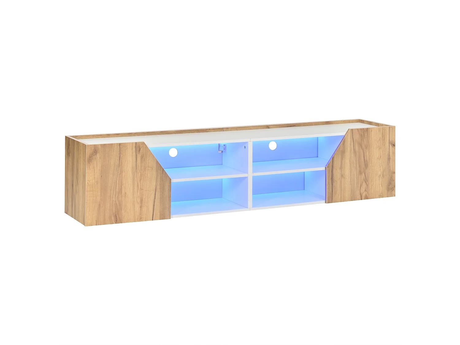 Wand-TV-Schrank 180x36,5x40 cm – Mit LED-Band – 2 Türen und 6 Aufbewahrungsfächer – MDF – Natur und Weiß