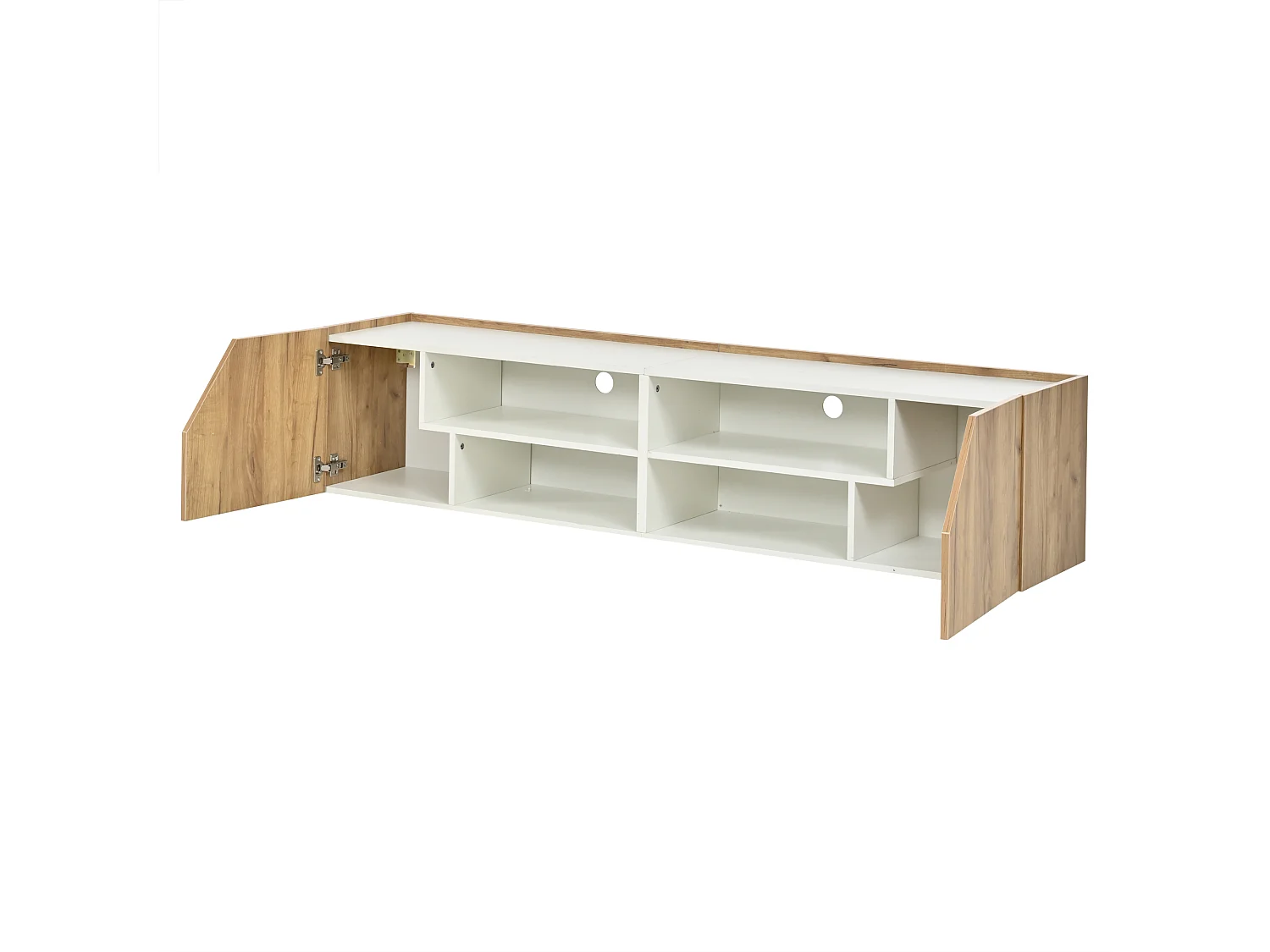 Wand-TV-Schrank 180x36,5x40 cm – Mit LED-Band – 2 Türen und 6 Aufbewahrungsfächer – MDF – Natur und Weiß