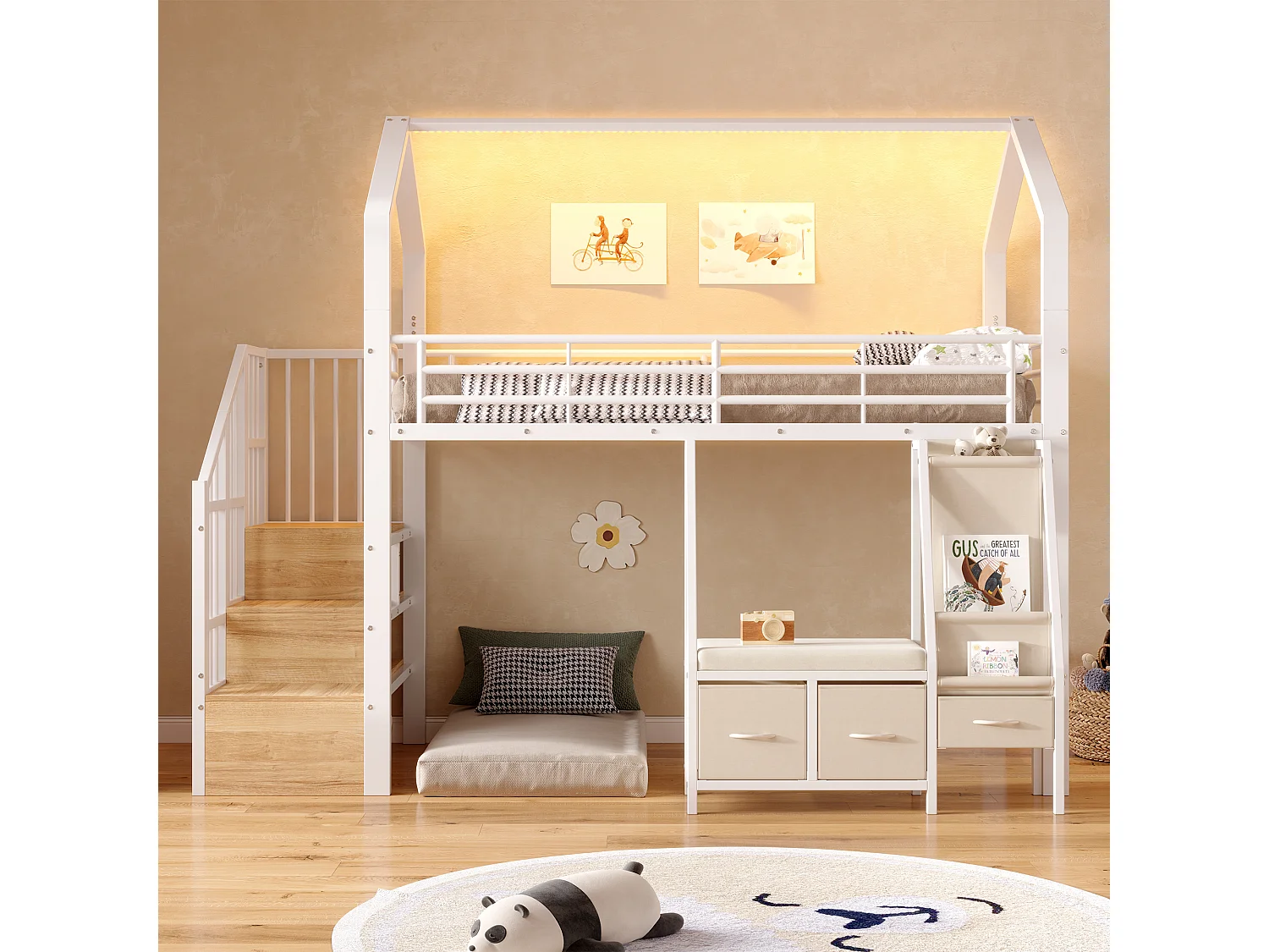 Lit mezzanine 90 x 200 cm – avec étagère de rangement en tissu – avec 3 tiroirs – avec échelle – avec éclairage LED – Blanc (matelas non inclus)