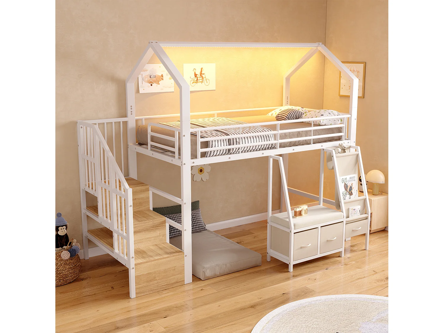Lit mezzanine 90 x 200 cm – avec étagère de rangement en tissu – avec 3 tiroirs – avec échelle – avec éclairage LED – Blanc (matelas non inclus)