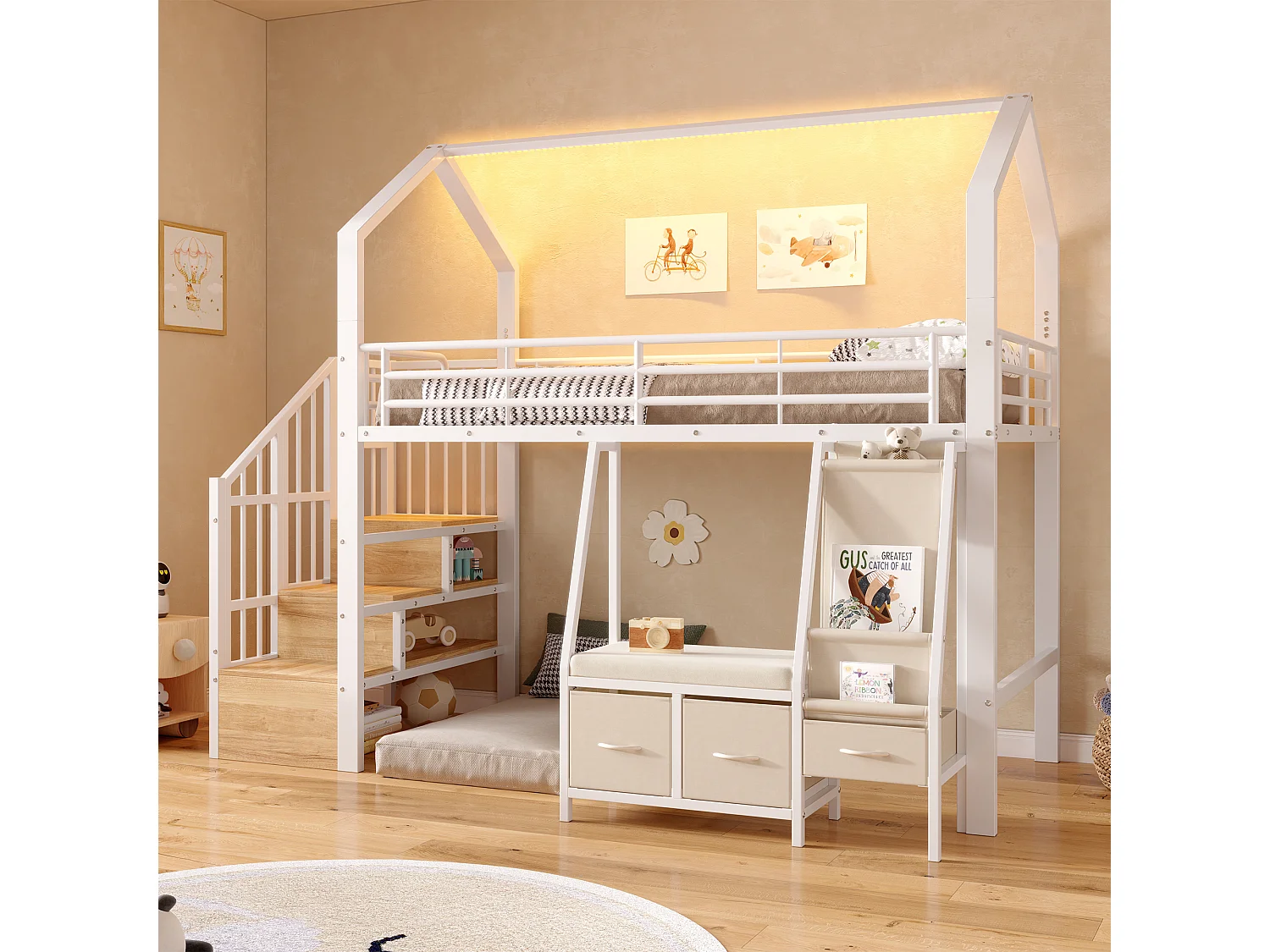 Lit mezzanine 90 x 200 cm – avec étagère de rangement en tissu – avec 3 tiroirs – avec échelle – avec éclairage LED – Blanc (matelas non inclus)