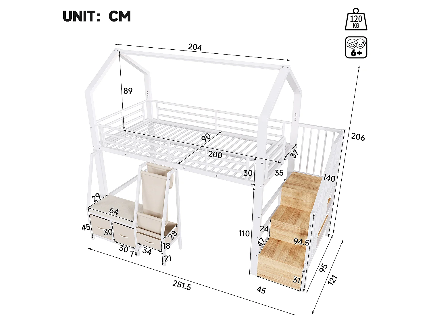 Lit mezzanine 90 x 200 cm – avec étagère de rangement en tissu – avec 3 tiroirs – avec échelle – avec éclairage LED – Blanc (matelas non inclus)