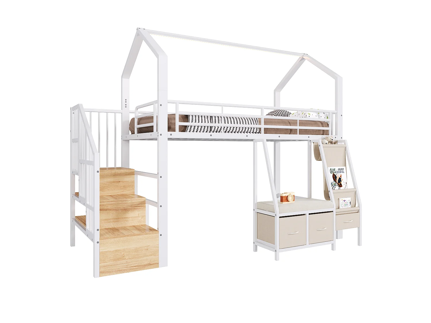 Lit mezzanine 90 x 200 cm – avec étagère de rangement en tissu – avec 3 tiroirs – avec échelle – avec éclairage LED – Blanc (matelas non inclus)