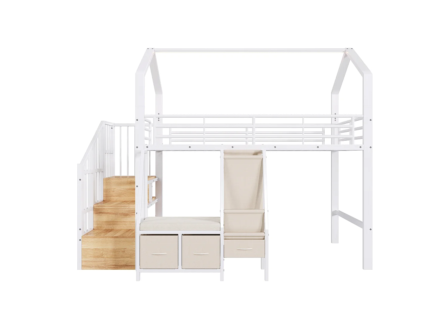Lit mezzanine 90 x 200 cm – avec étagère de rangement en tissu – avec 3 tiroirs – avec échelle – avec éclairage LED – Blanc (matelas non inclus)