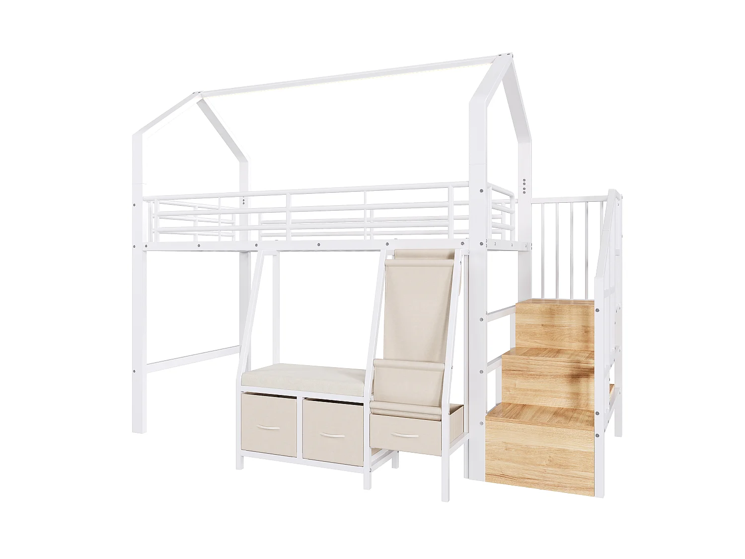 Lit mezzanine 90 x 200 cm – avec étagère de rangement en tissu – avec 3 tiroirs – avec échelle – avec éclairage LED – Blanc (matelas non inclus)