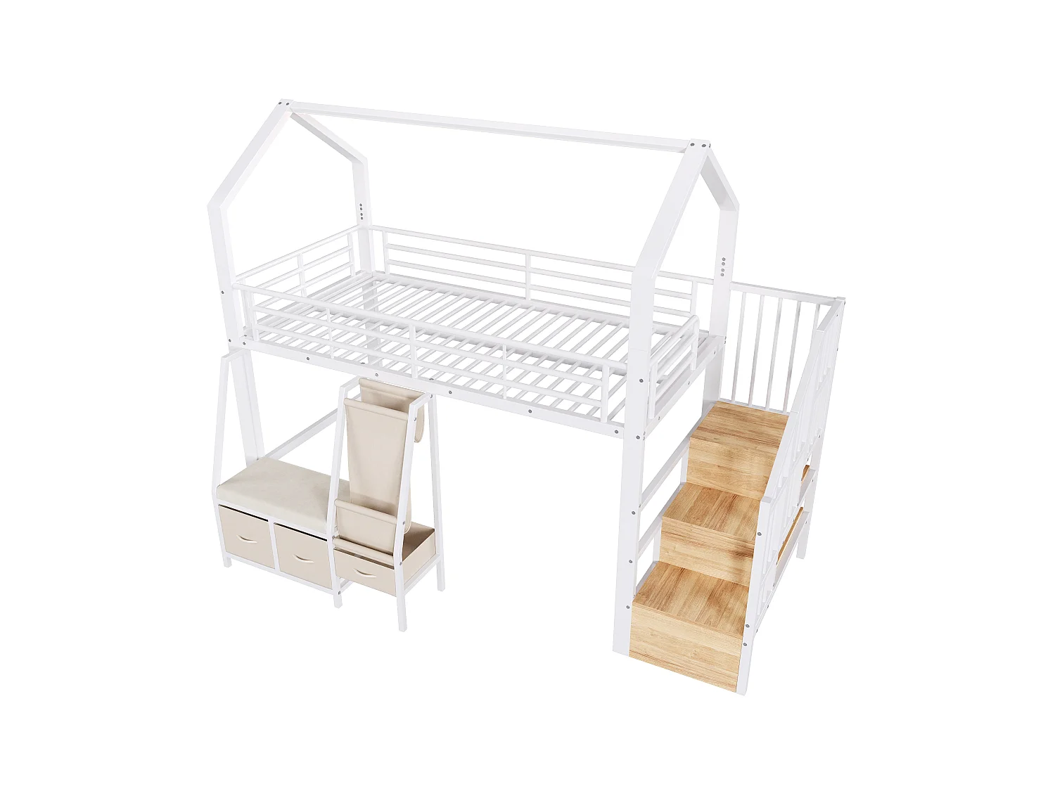 Lit mezzanine 90 x 200 cm – avec étagère de rangement en tissu – avec 3 tiroirs – avec échelle – avec éclairage LED – Blanc (matelas non inclus)
