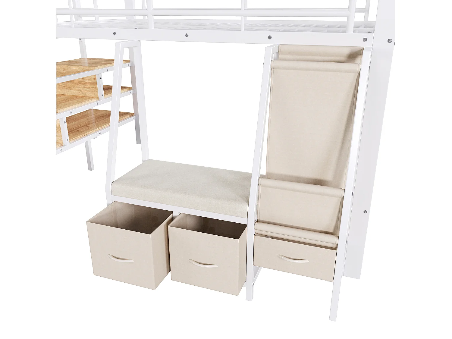 Lit mezzanine 90 x 200 cm – avec étagère de rangement en tissu – avec 3 tiroirs – avec échelle – avec éclairage LED – Blanc (matelas non inclus)