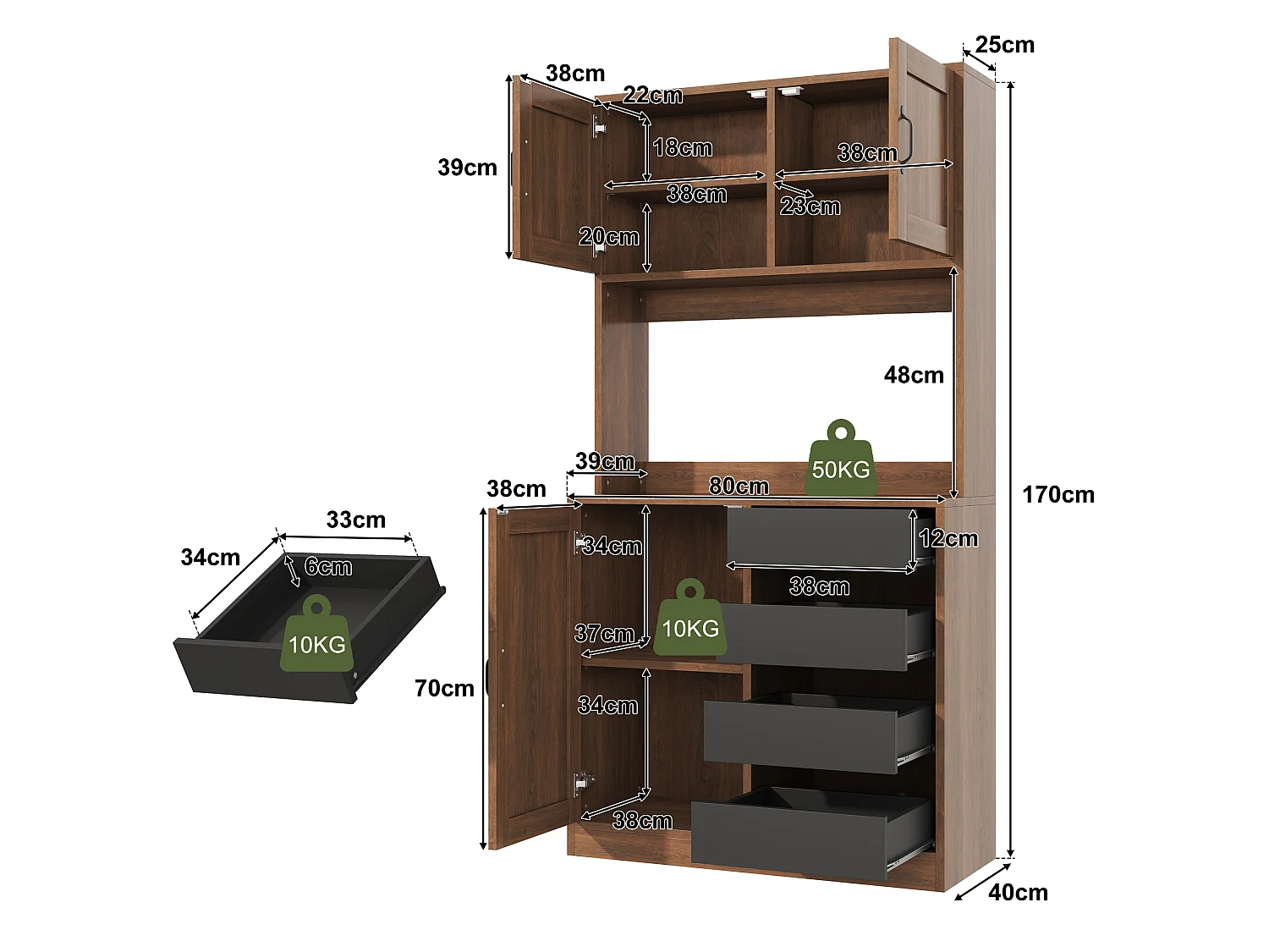 Bufet kuchenny 80x40x170cm - z 3 drzwiami i 4 szufladami - z regulowanymi półkami - Brązowy