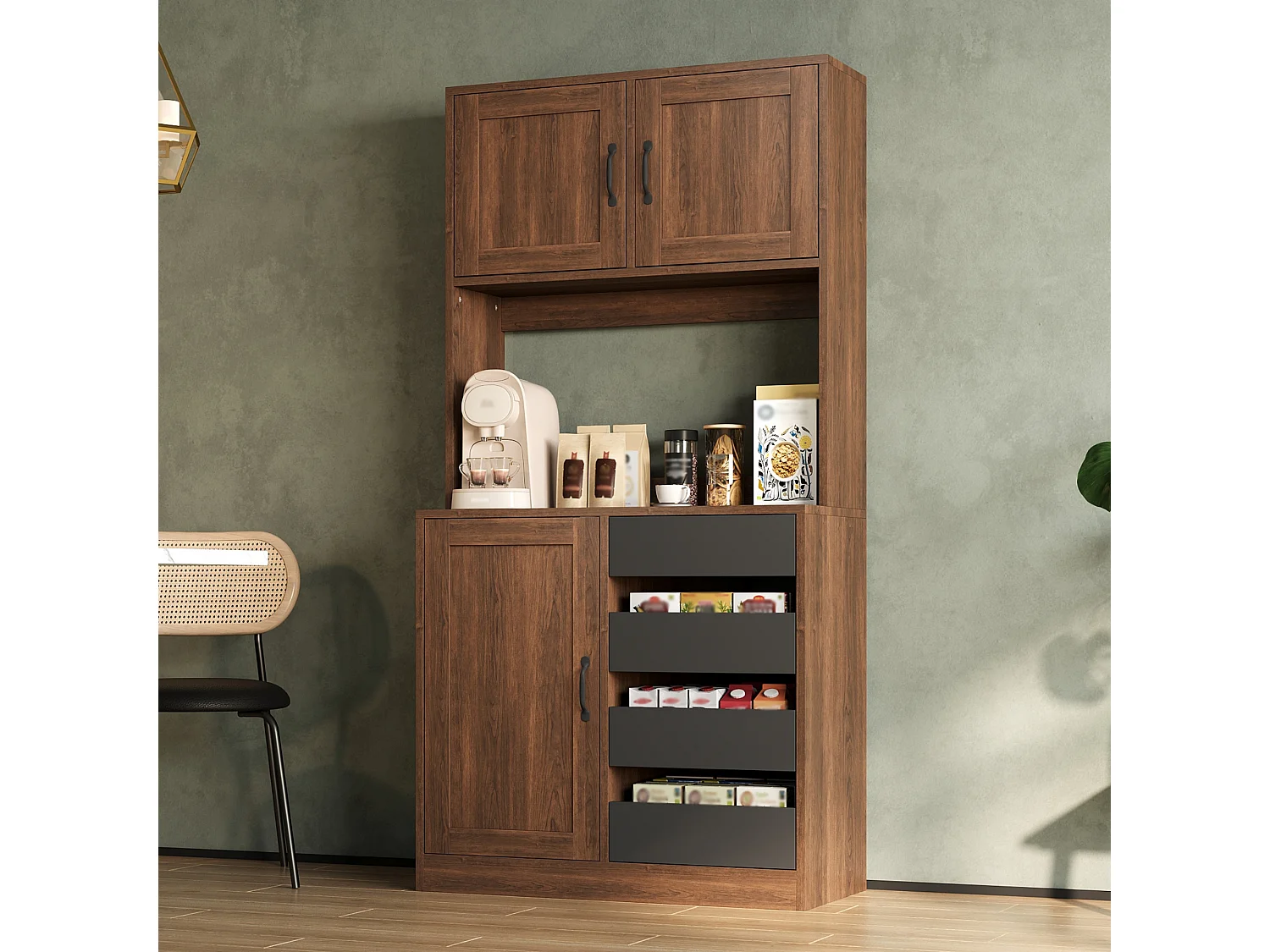 Bufet kuchenny 80x40x170cm - z 3 drzwiami i 4 szufladami - z regulowanymi półkami - Brązowy
