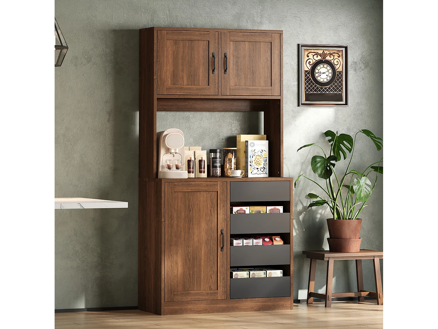 Bufet kuchenny 80x40x170cm - z 3 drzwiami i 4 szufladami - z regulowanymi półkami - Brązowy