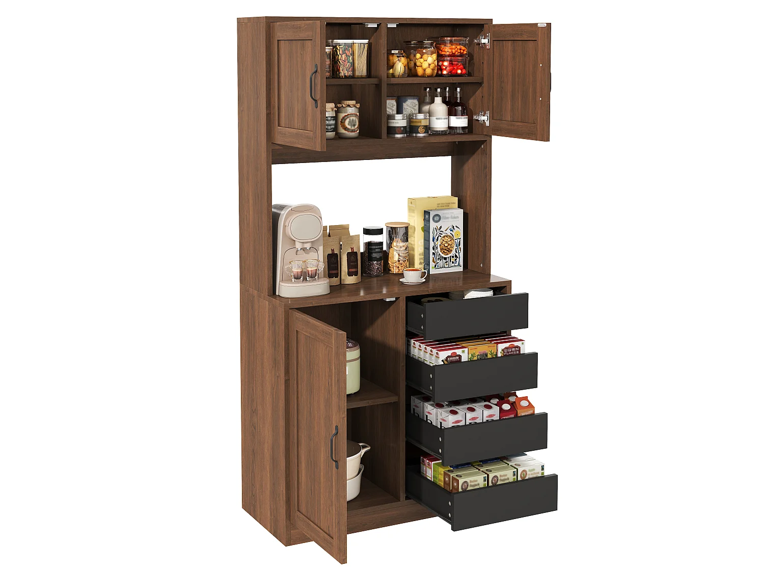 Bufet kuchenny 80x40x170cm - z 3 drzwiami i 4 szufladami - z regulowanymi półkami - Brązowy