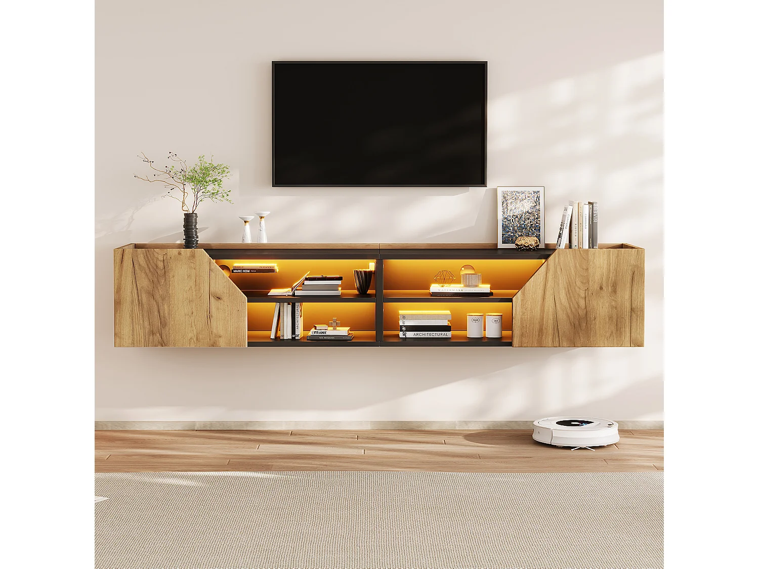 Meuble TV mural 180x36.5x40 cm - Avec bande LED - 2 portes et 6 compartiments de rangement - ​​MDF - Naturel et noir