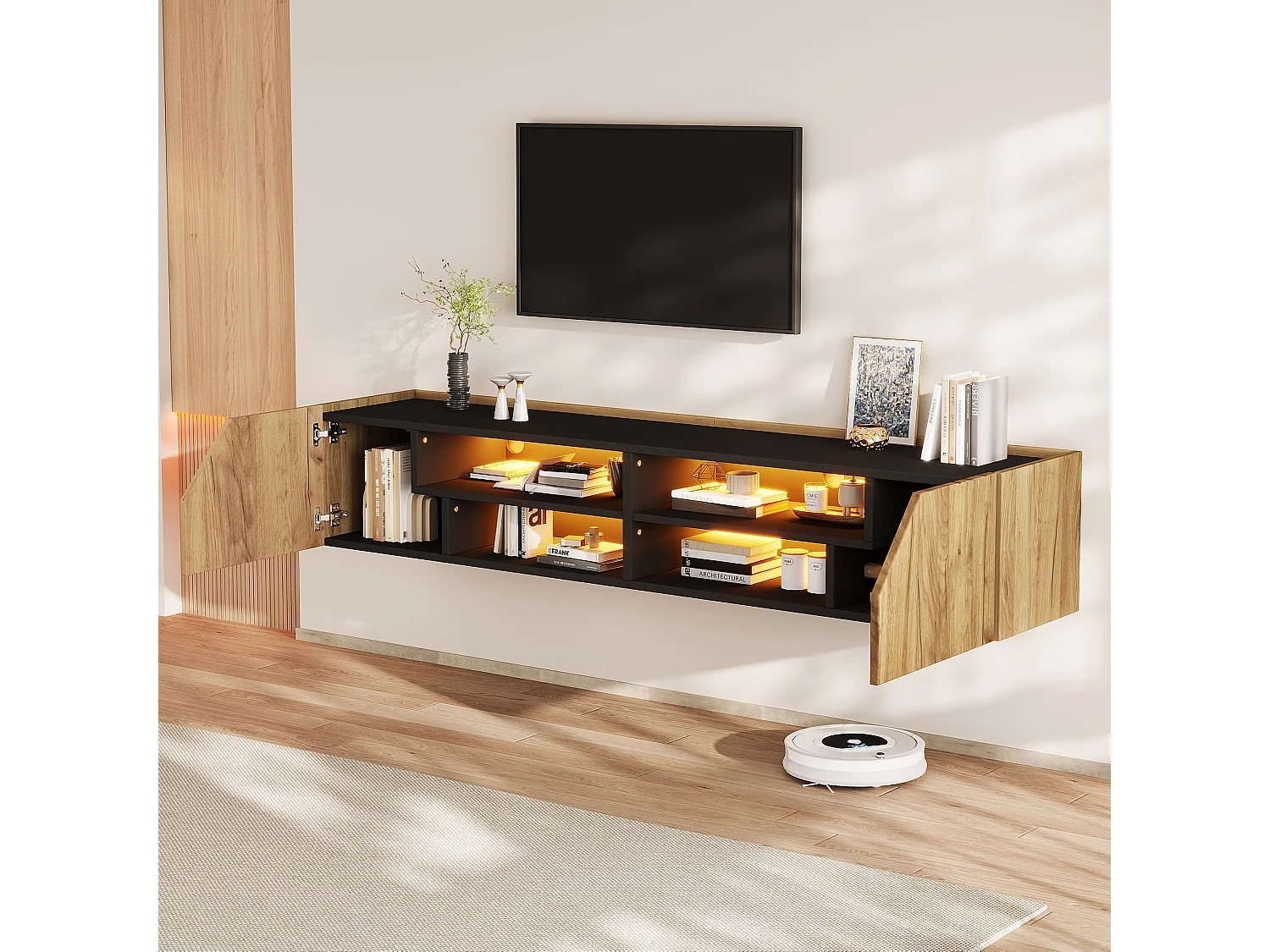 Meuble TV mural 180x36.5x40 cm - Avec bande LED - 2 portes et 6 compartiments de rangement - ​​MDF - Naturel et noir