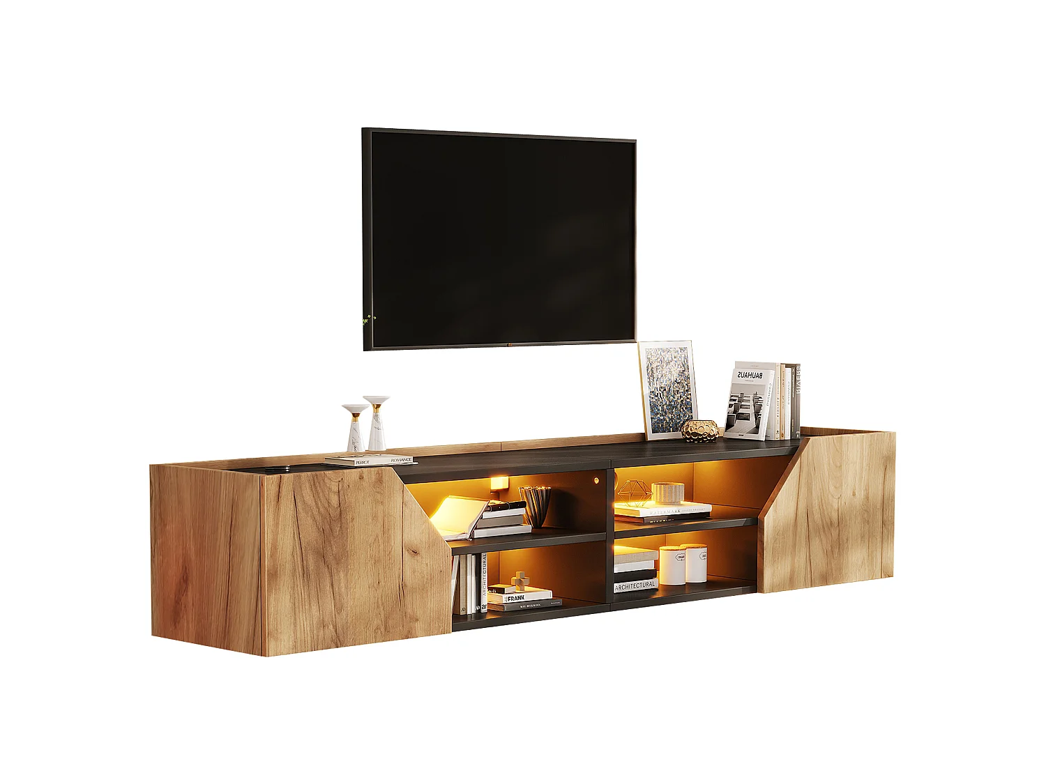 Meuble TV mural 180x36.5x40 cm - Avec bande LED - 2 portes et 6 compartiments de rangement - ​​MDF - Naturel et noir