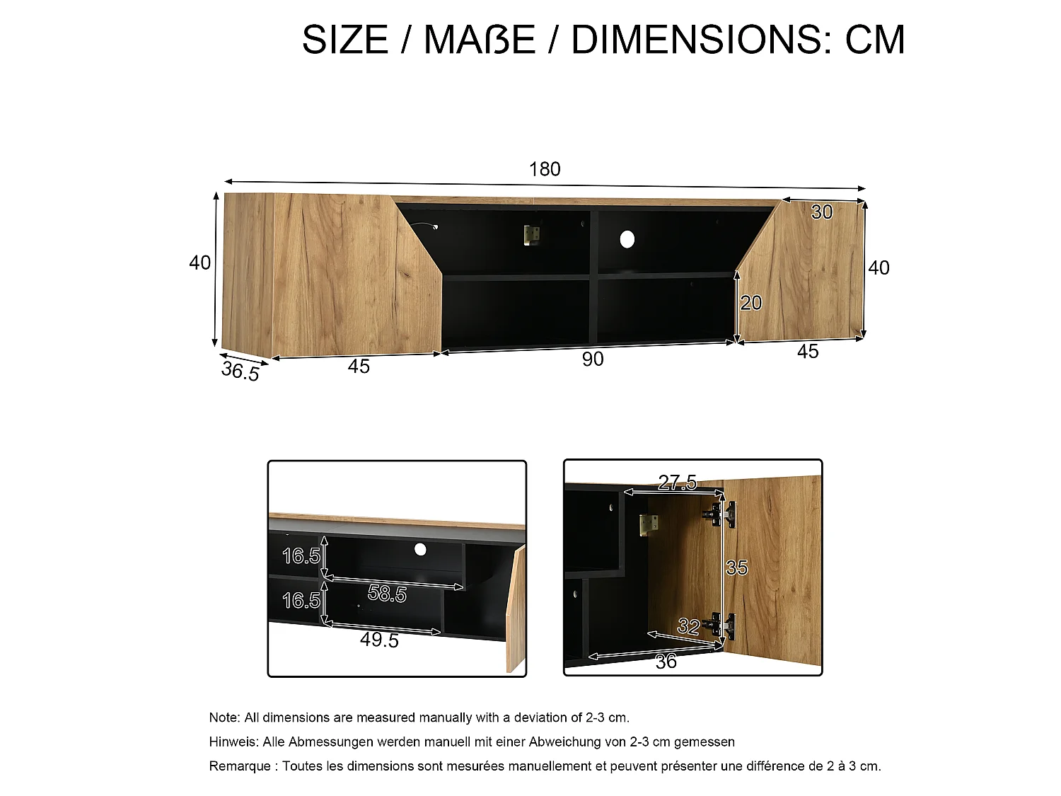 Meuble TV mural 180x36.5x40 cm - Avec bande LED - 2 portes et 6 compartiments de rangement - ​​MDF - Naturel et noir