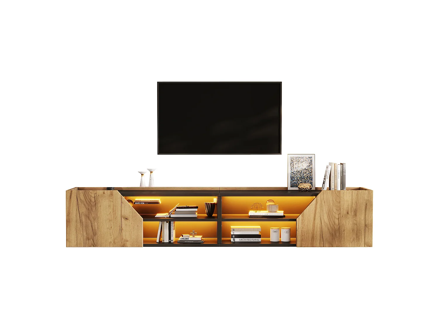 Meuble TV mural 180x36.5x40 cm - Avec bande LED - 2 portes et 6 compartiments de rangement - ​​MDF - Naturel et noir