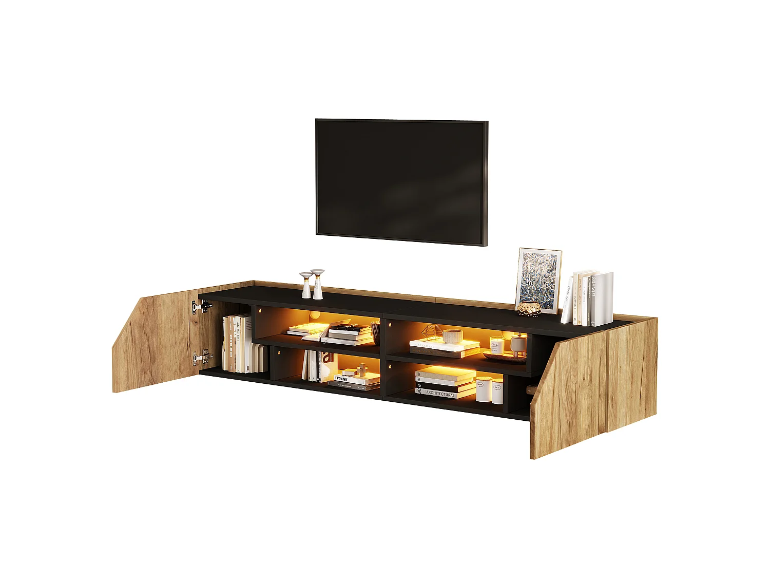 Meuble TV mural 180x36.5x40 cm - Avec bande LED - 2 portes et 6 compartiments de rangement - ​​MDF - Naturel et noir