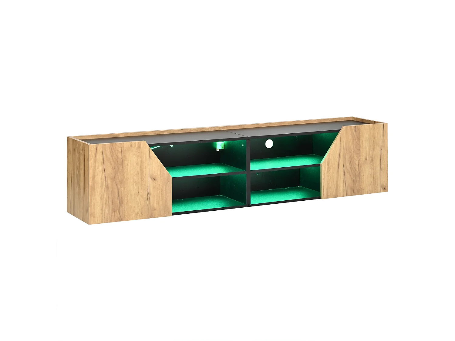 Meuble TV mural 180x36.5x40 cm - Avec bande LED - 2 portes et 6 compartiments de rangement - ​​MDF - Naturel et noir