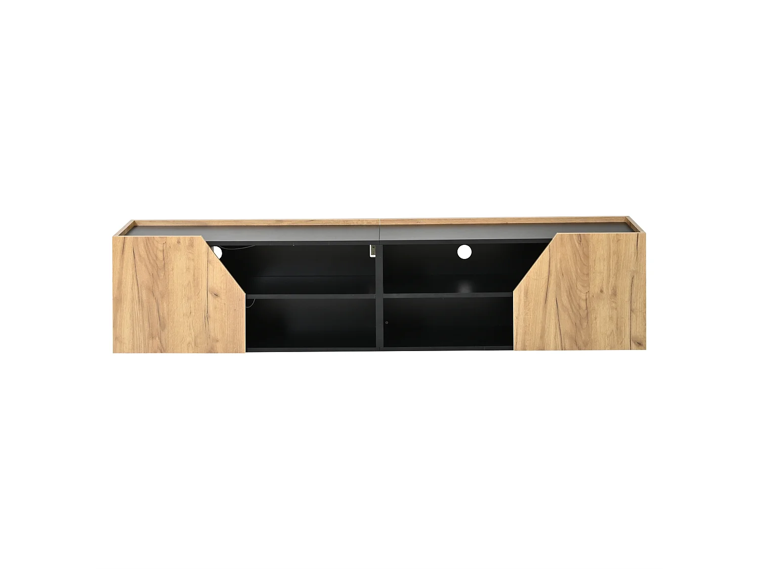 Meuble TV mural 180x36.5x40 cm - Avec bande LED - 2 portes et 6 compartiments de rangement - ​​MDF - Naturel et noir