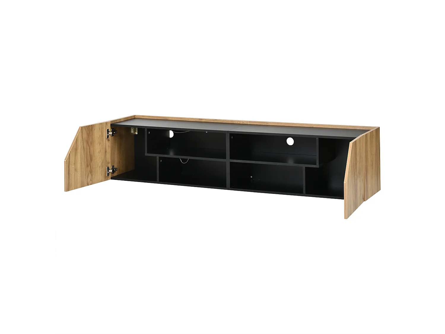 Meuble TV mural 180x36.5x40 cm - Avec bande LED - 2 portes et 6 compartiments de rangement - ​​MDF - Naturel et noir