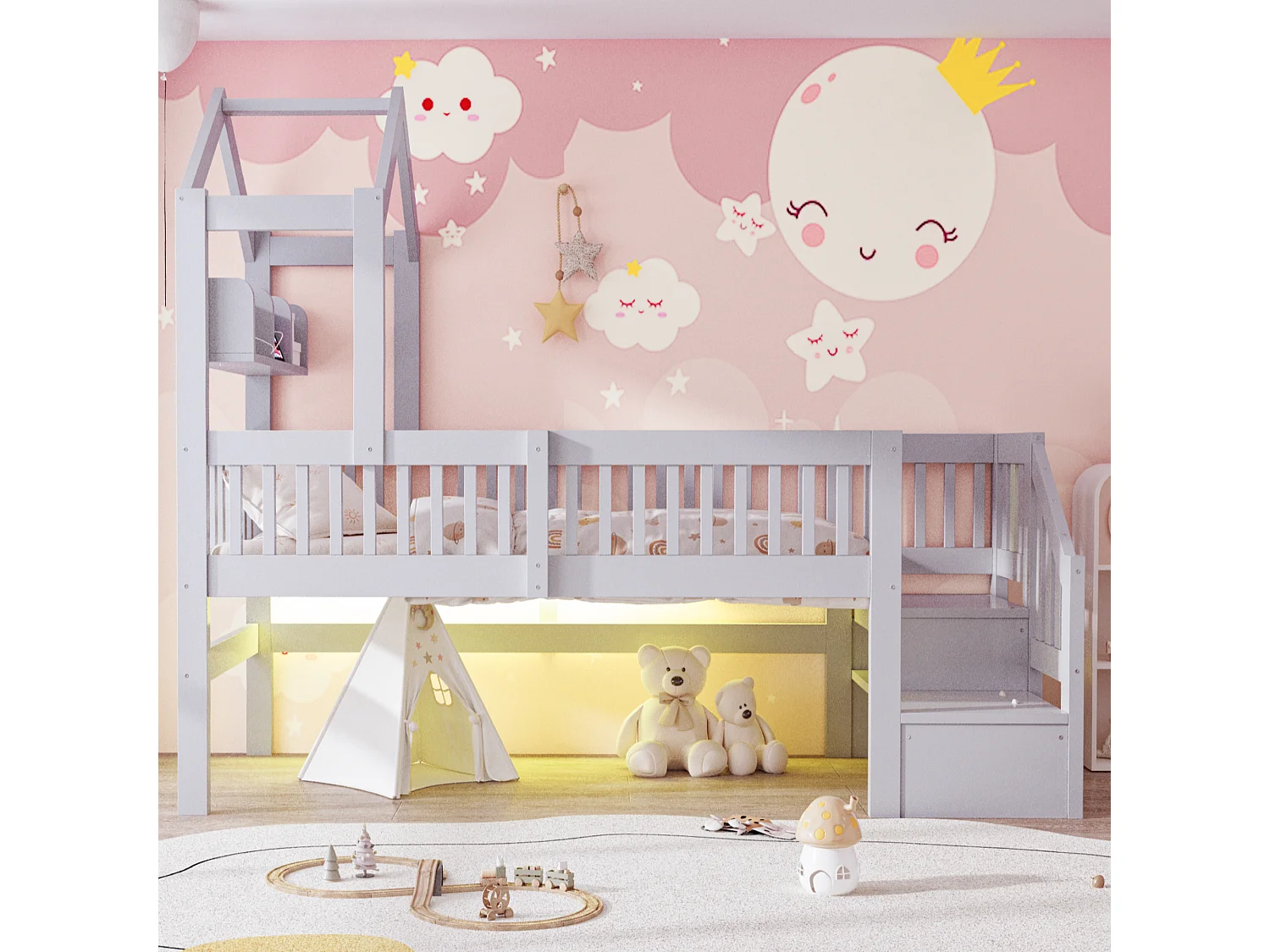 Lit mezzanine 90 x 200 cm - avec étagères - veilleuse avec port USB - avec escalier de rangement - gris (matelas non inclus)