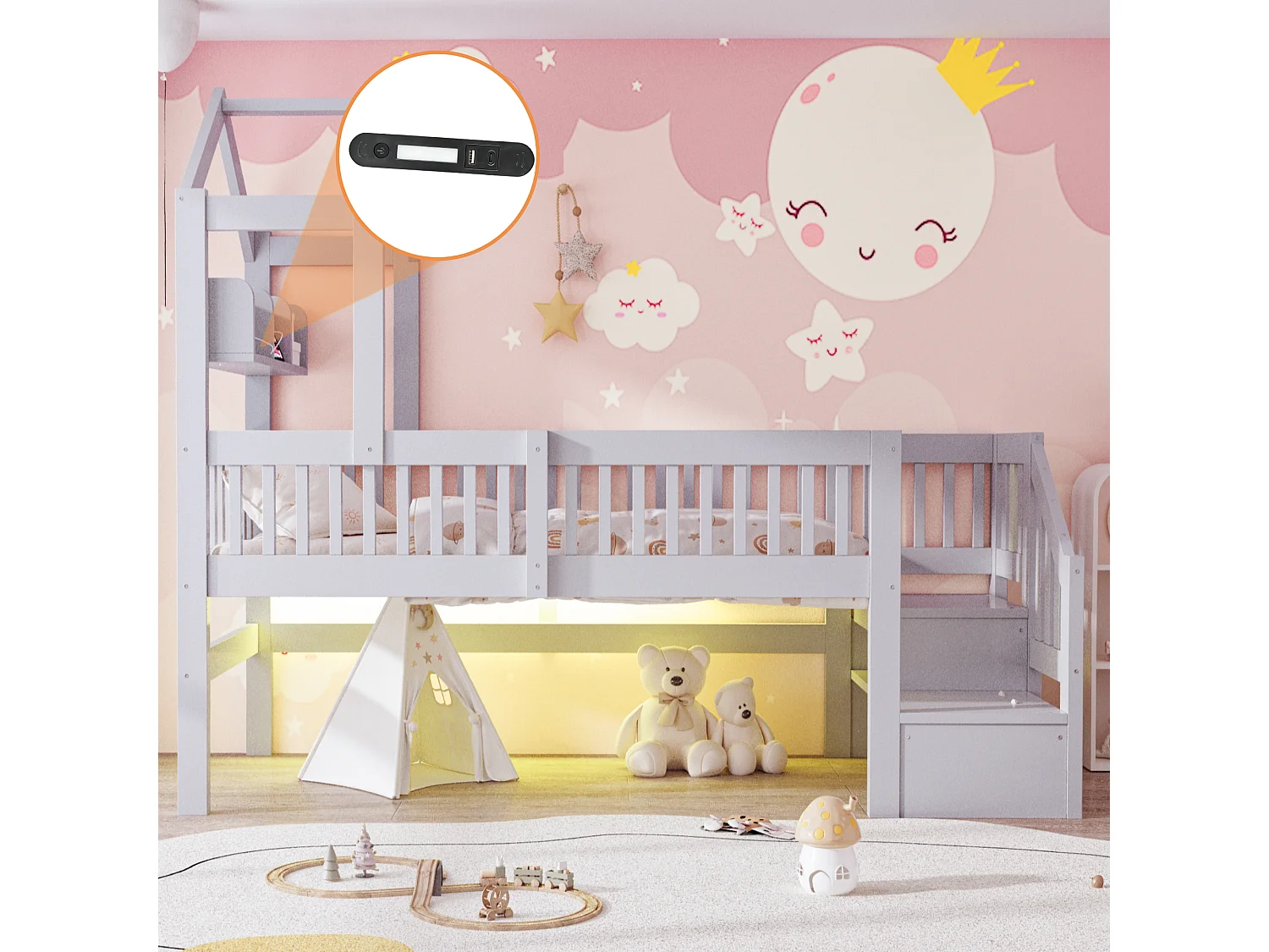 Lit mezzanine 90 x 200 cm - avec étagères - veilleuse avec port USB - avec escalier de rangement - gris (matelas non inclus)