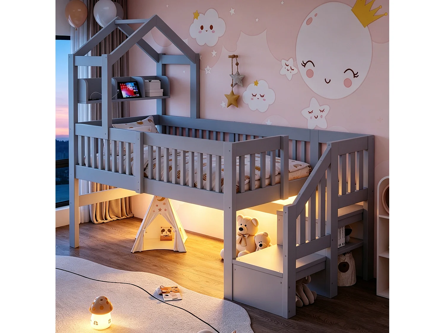 Lit mezzanine 90 x 200 cm - avec étagères - veilleuse avec port USB - avec escalier de rangement - gris (matelas non inclus)