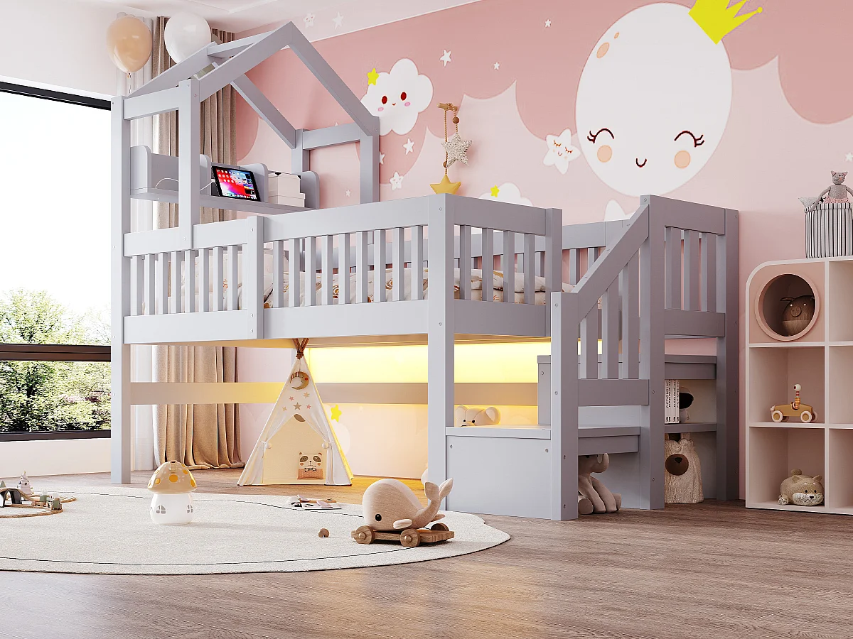 Lit mezzanine 90 x 200 cm - avec étagères - veilleuse avec port USB - avec escalier de rangement - gris (matelas non inclus)