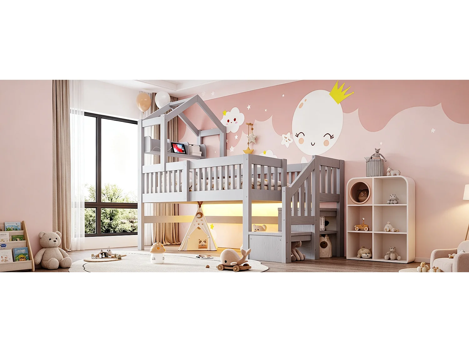 Lit mezzanine 90 x 200 cm - avec étagères - veilleuse avec port USB - avec escalier de rangement - gris (matelas non inclus)