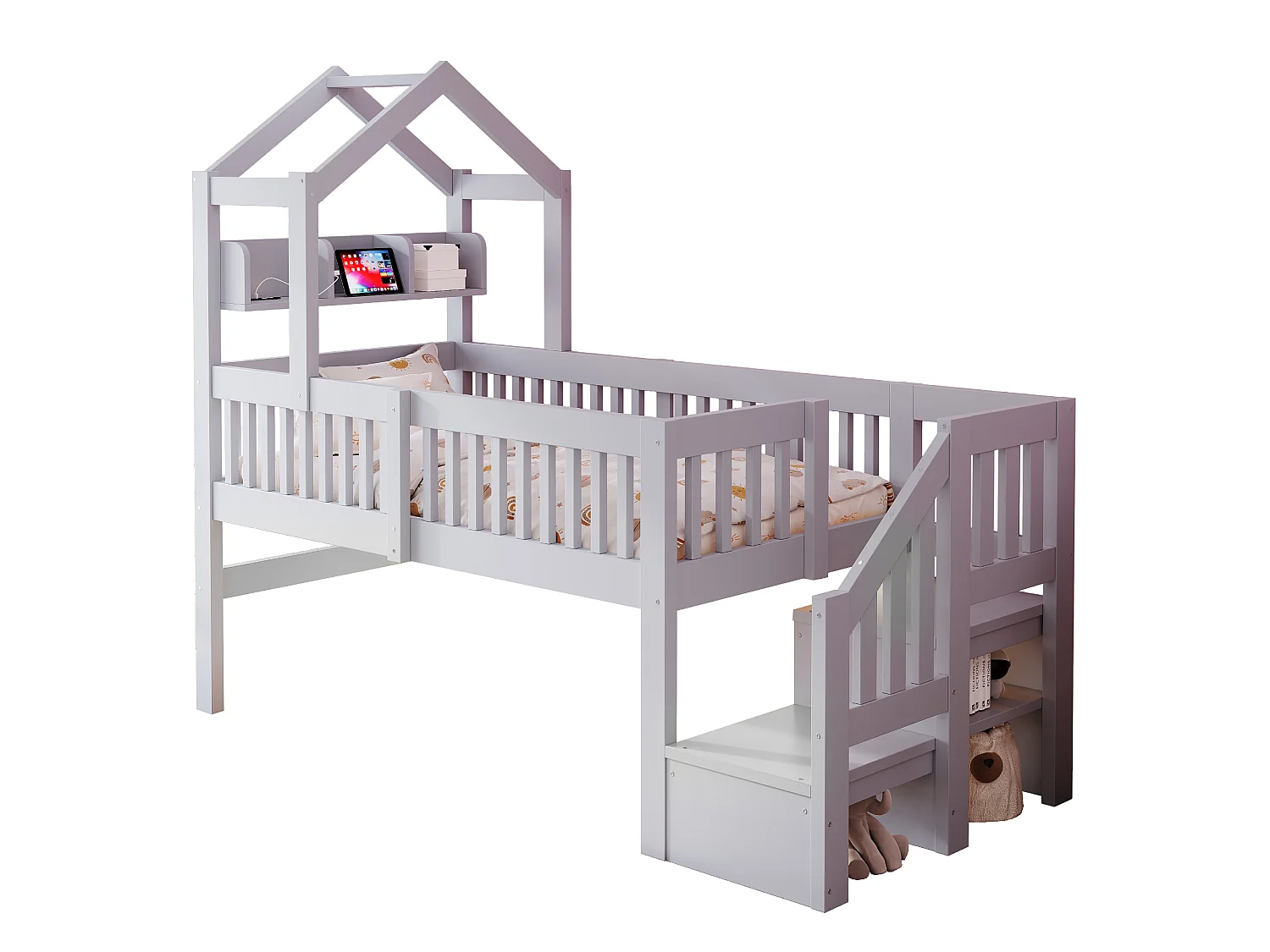 Lit mezzanine 90 x 200 cm - avec étagères - veilleuse avec port USB - avec escalier de rangement - gris (matelas non inclus)