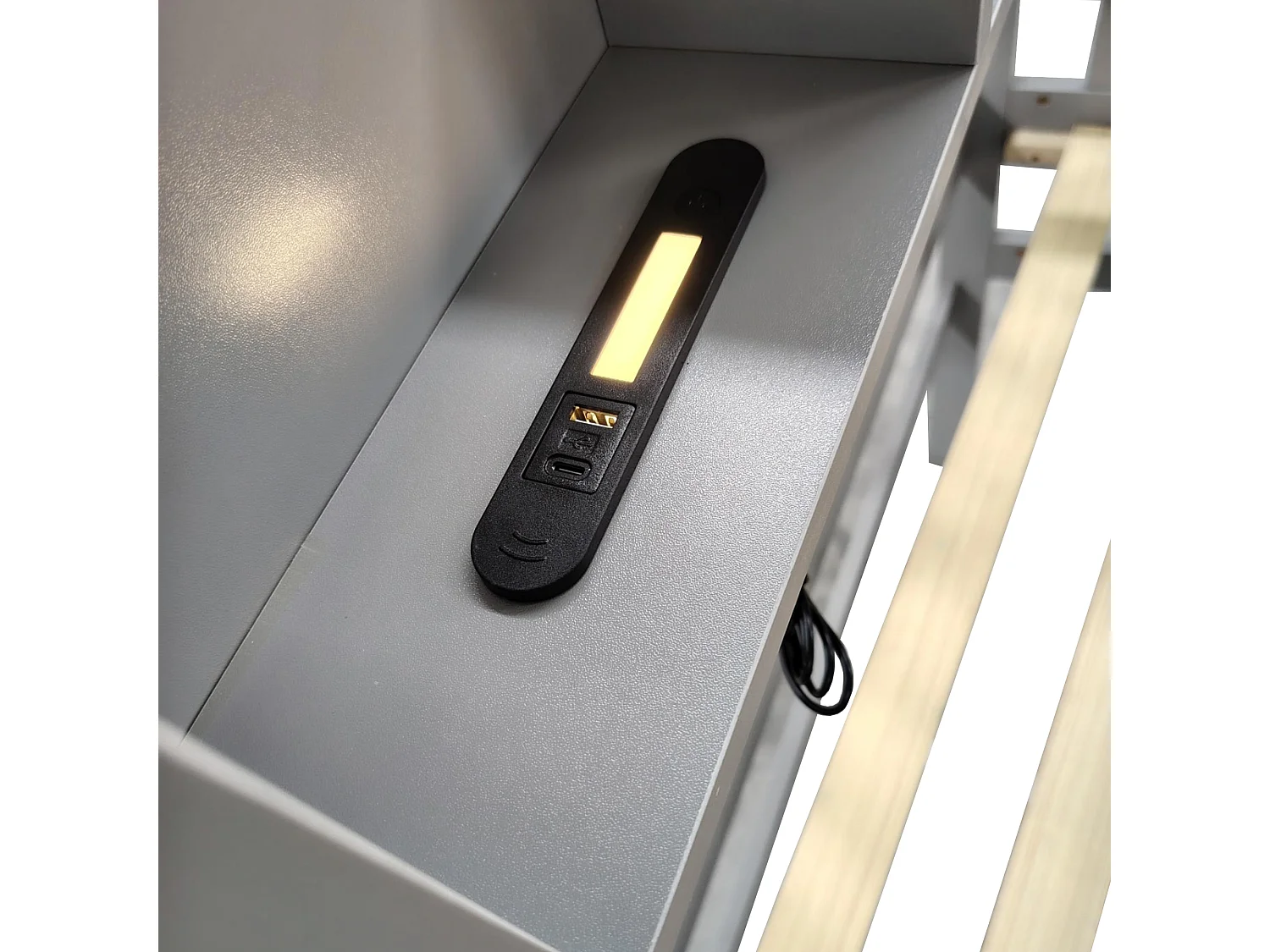 Lit mezzanine 90 x 200 cm - avec étagères - veilleuse avec port USB - avec escalier de rangement - gris (matelas non inclus)