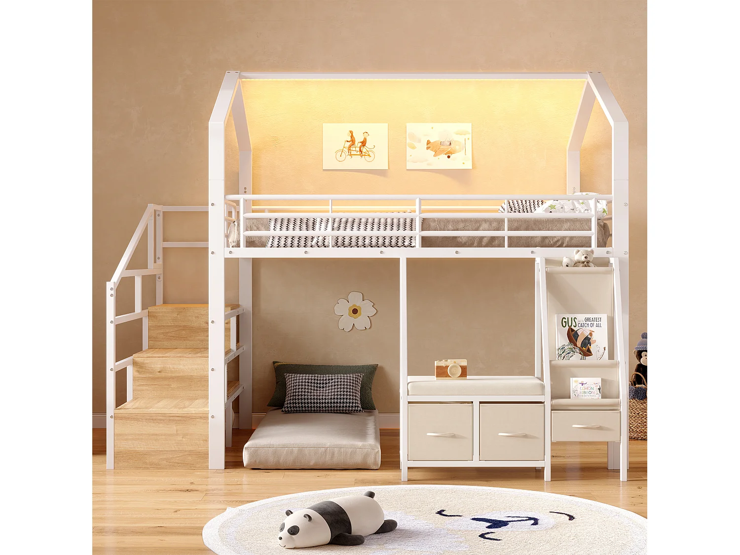 Lit mezzanine 140 x 200 cm – avec étagère de rangement en tissu – avec 3 tiroirs – avec échelle – avec éclairage LED – Blanc (matelas non inclus)