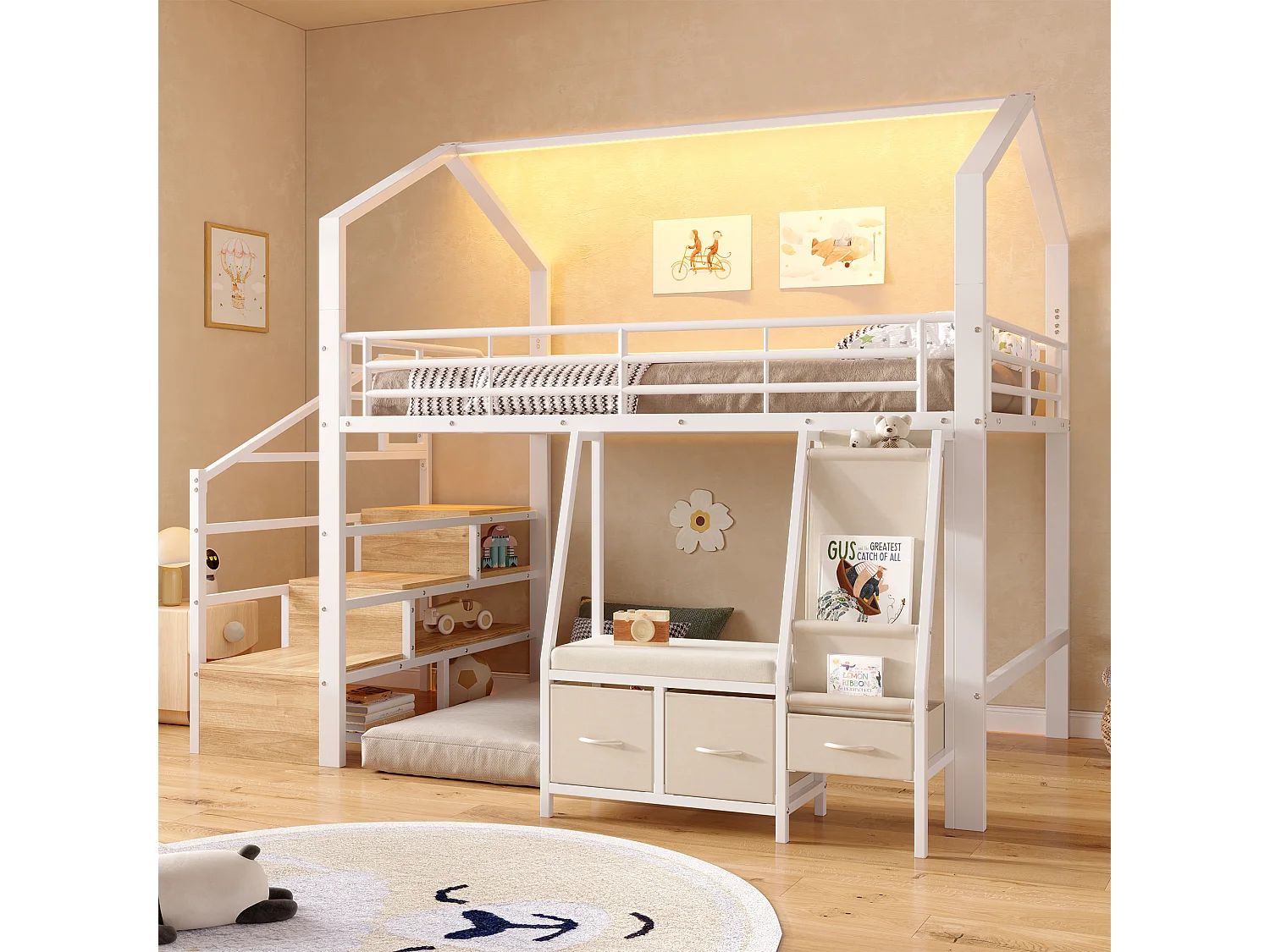 Lit mezzanine 140 x 200 cm – avec étagère de rangement en tissu – avec 3 tiroirs – avec échelle – avec éclairage LED – Blanc (matelas non inclus)