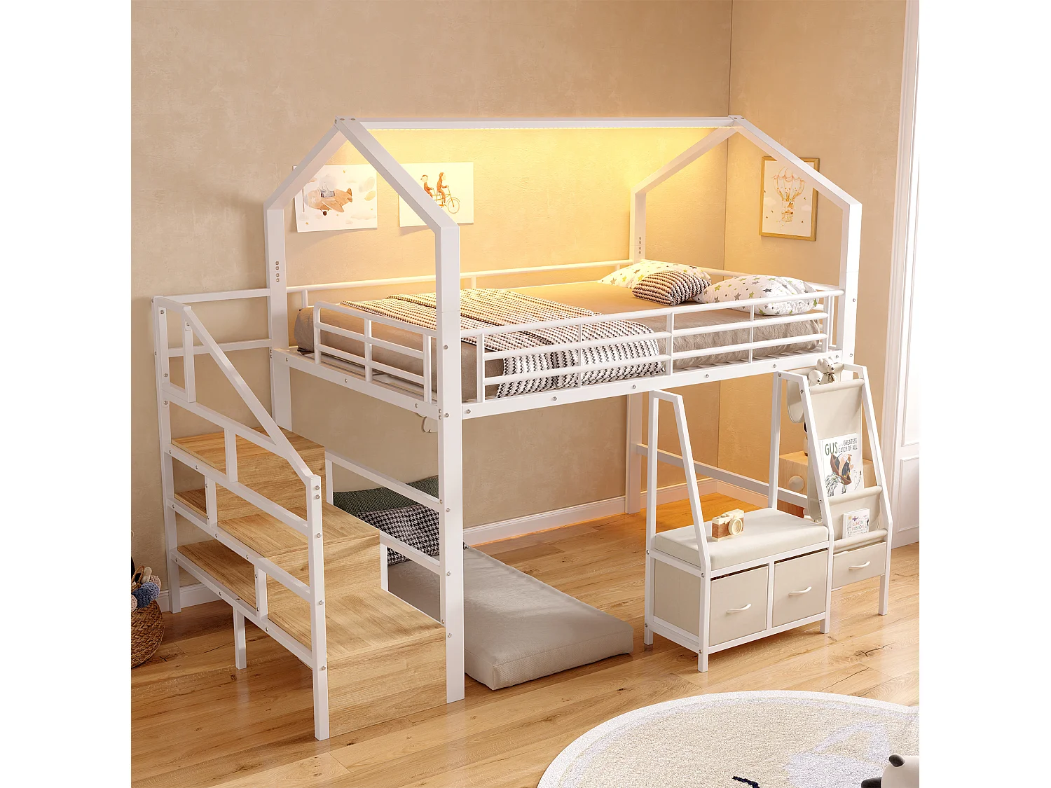 Lit mezzanine 140 x 200 cm – avec étagère de rangement en tissu – avec 3 tiroirs – avec échelle – avec éclairage LED – Blanc (matelas non inclus)
