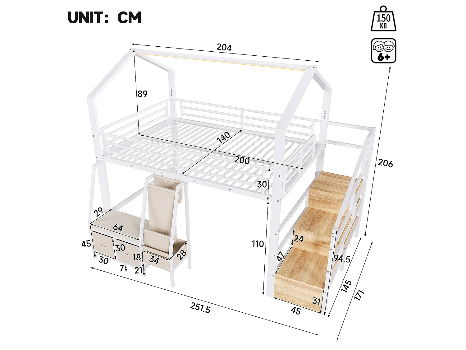 Lit mezzanine 140 x 200 cm – avec étagère de rangement en tissu – avec 3 tiroirs – avec échelle – avec éclairage LED – Blanc (matelas non inclus)
