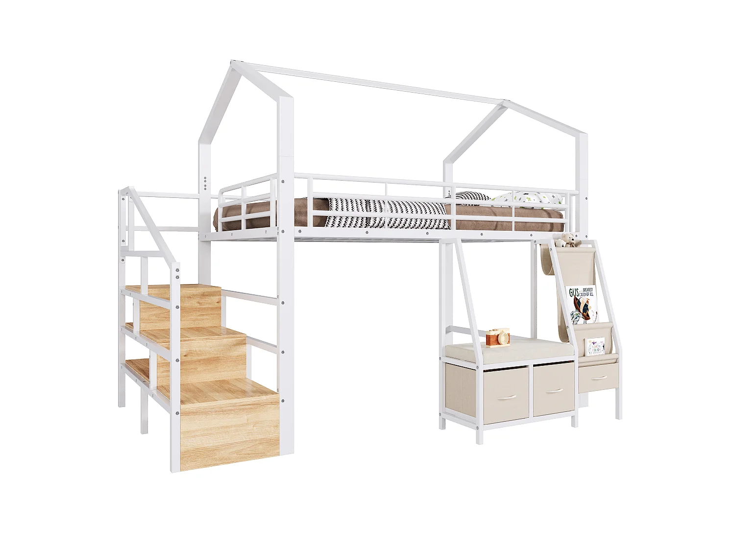 Lit mezzanine 140 x 200 cm – avec étagère de rangement en tissu – avec 3 tiroirs – avec échelle – avec éclairage LED – Blanc (matelas non inclus)