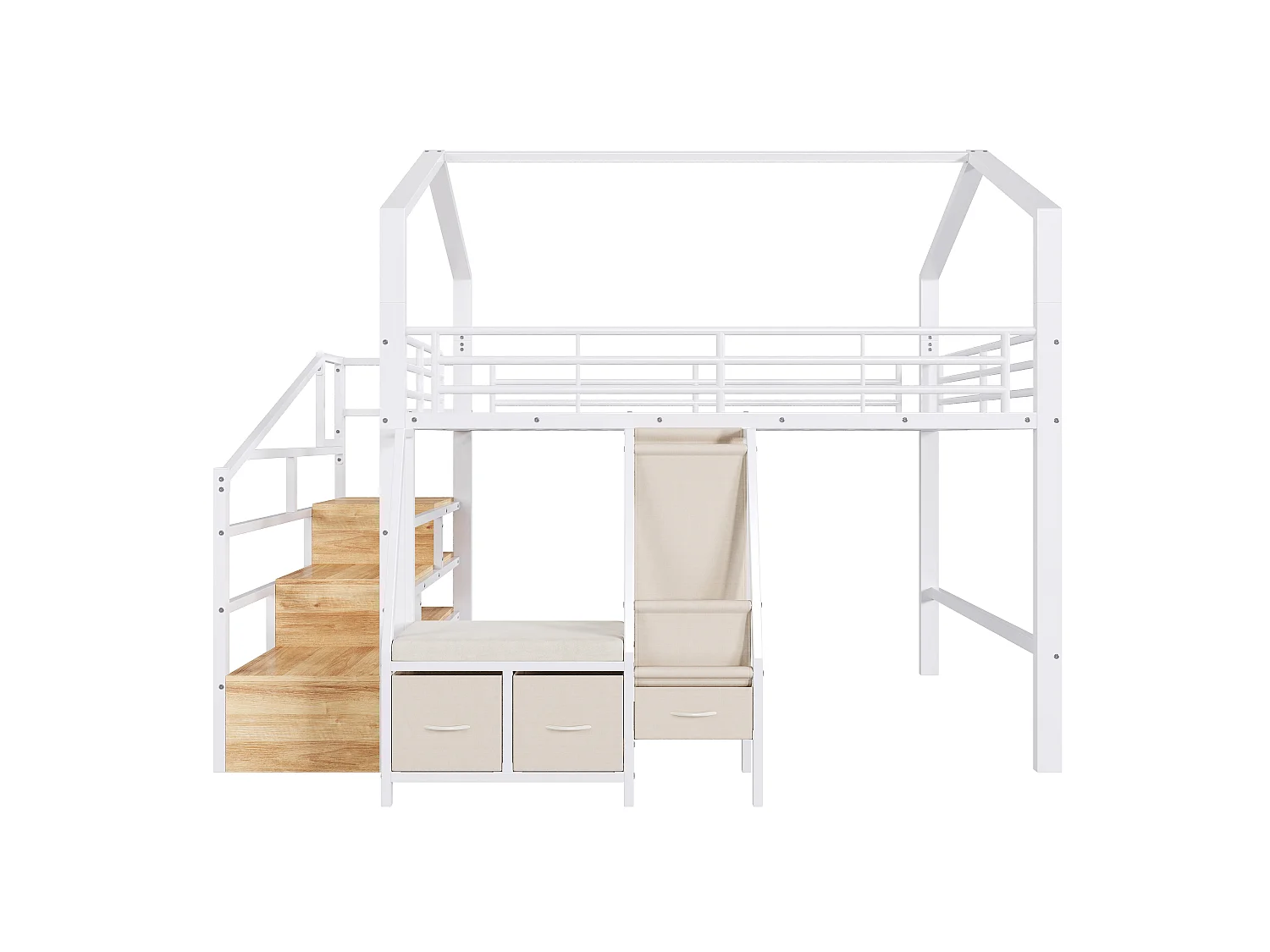 Lit mezzanine 140 x 200 cm – avec étagère de rangement en tissu – avec 3 tiroirs – avec échelle – avec éclairage LED – Blanc (matelas non inclus)