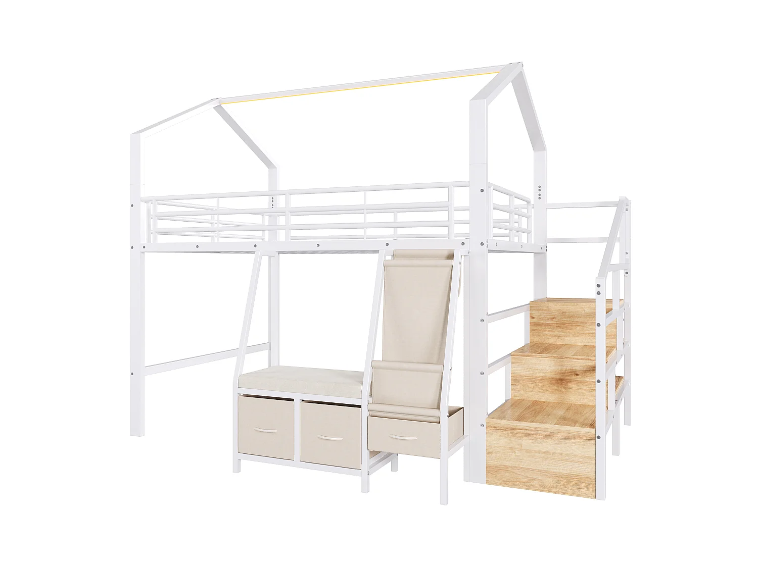 Lit mezzanine 140 x 200 cm – avec étagère de rangement en tissu – avec 3 tiroirs – avec échelle – avec éclairage LED – Blanc (matelas non inclus)