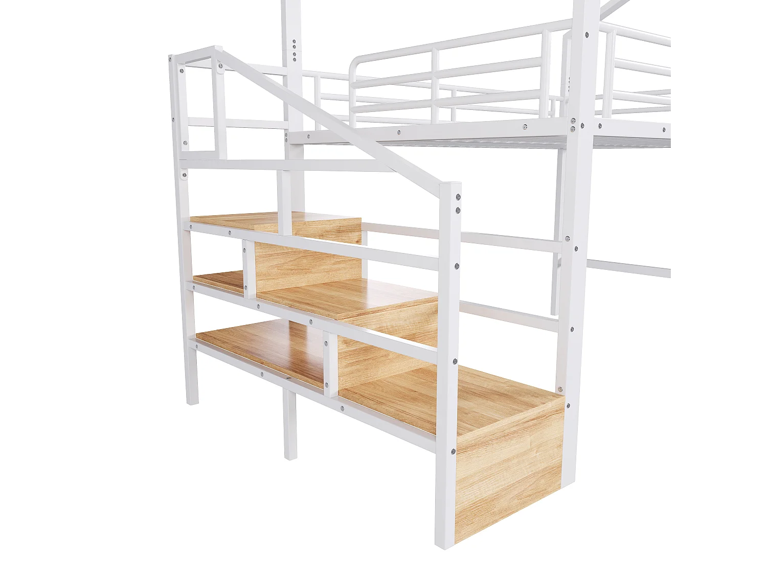 Lit mezzanine 140 x 200 cm – avec étagère de rangement en tissu – avec 3 tiroirs – avec échelle – avec éclairage LED – Blanc (matelas non inclus)