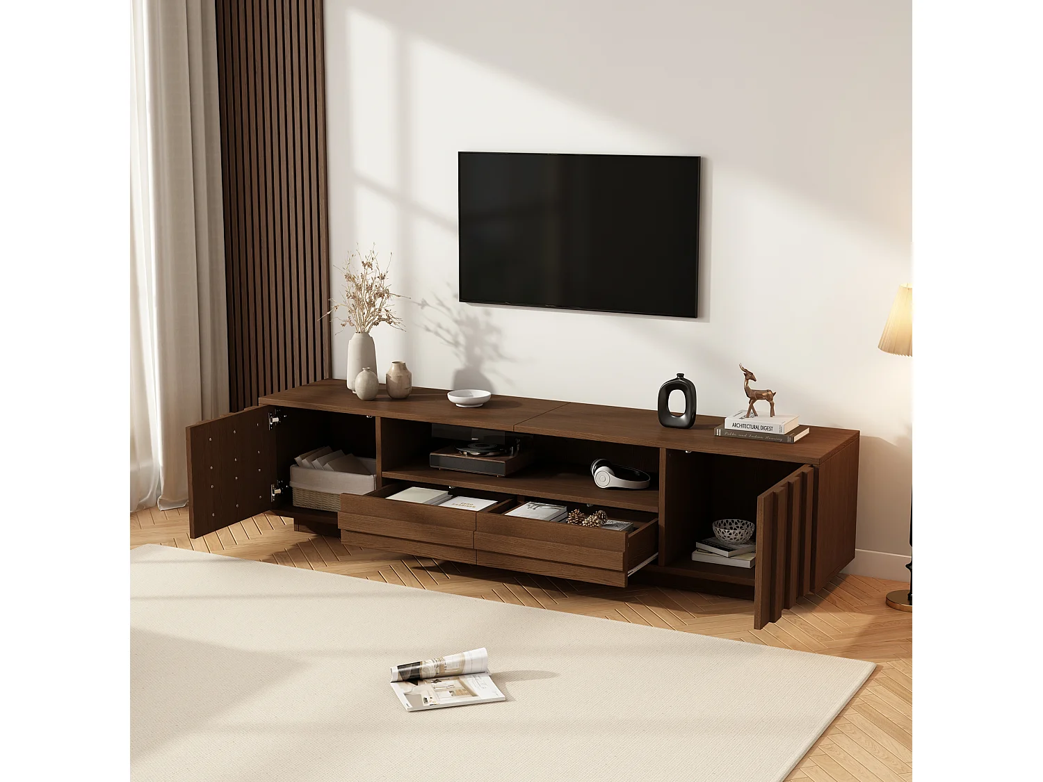 Meuble TV 180x40x45 cm - 2 portes, 2 tiroirs et 5 compartiments - Design 3D en relief - jusqu'à 75 pouces - Marron