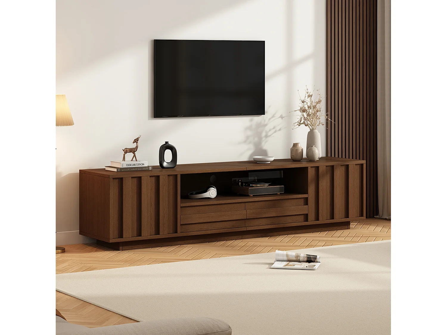 Meuble TV 180x40x45 cm - 2 portes, 2 tiroirs et 5 compartiments - Design 3D en relief - jusqu'à 75 pouces - Marron