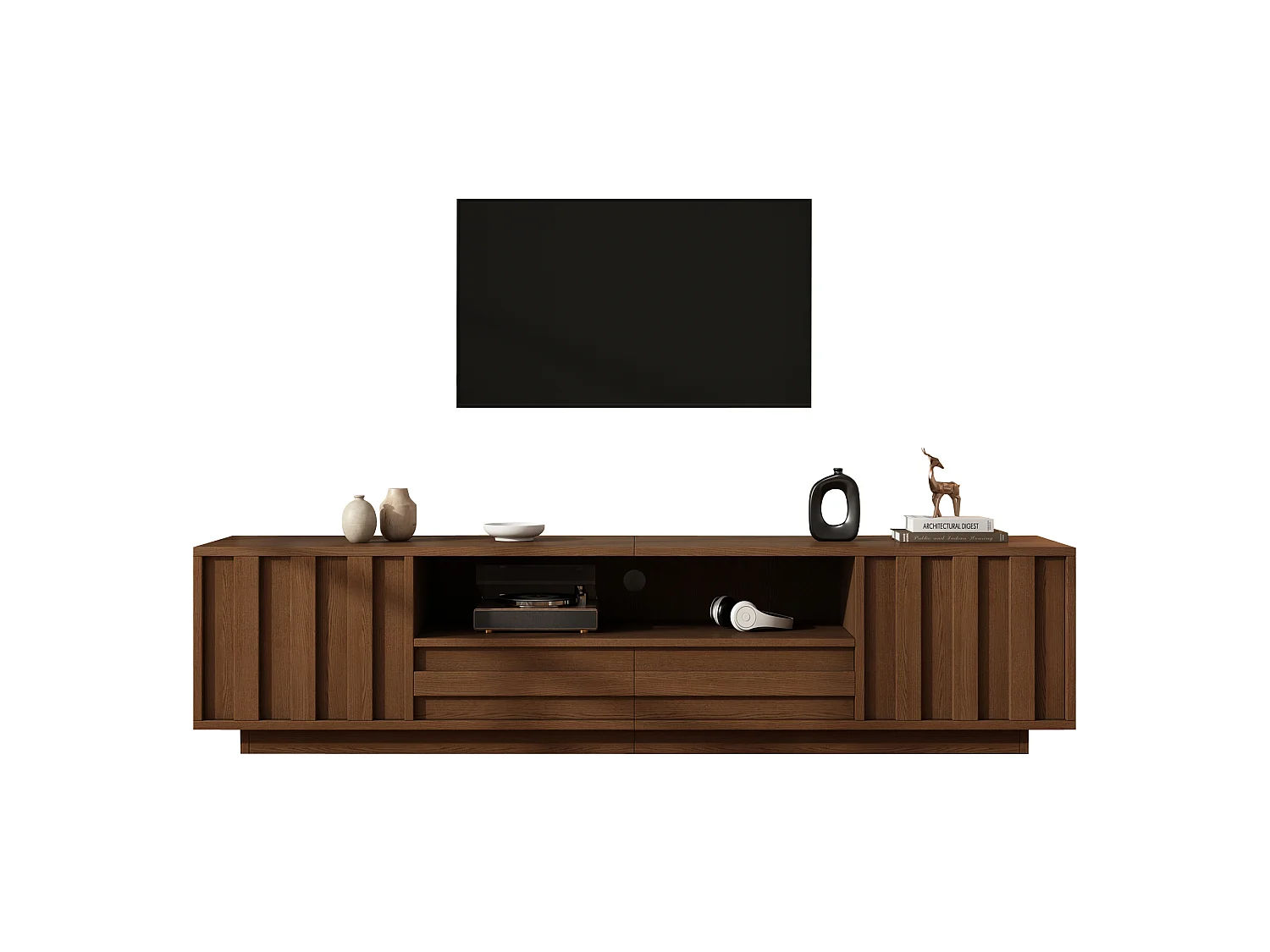 Meuble TV 180x40x45 cm - 2 portes, 2 tiroirs et 5 compartiments - Design 3D en relief - jusqu'à 75 pouces - Marron