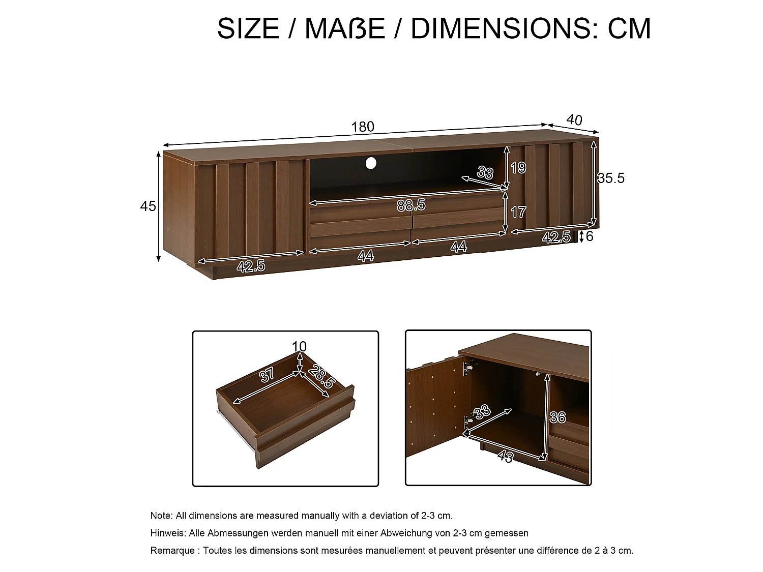 Meuble TV 180x40x45 cm - 2 portes, 2 tiroirs et 5 compartiments - Design 3D en relief - jusqu'à 75 pouces - Marron
