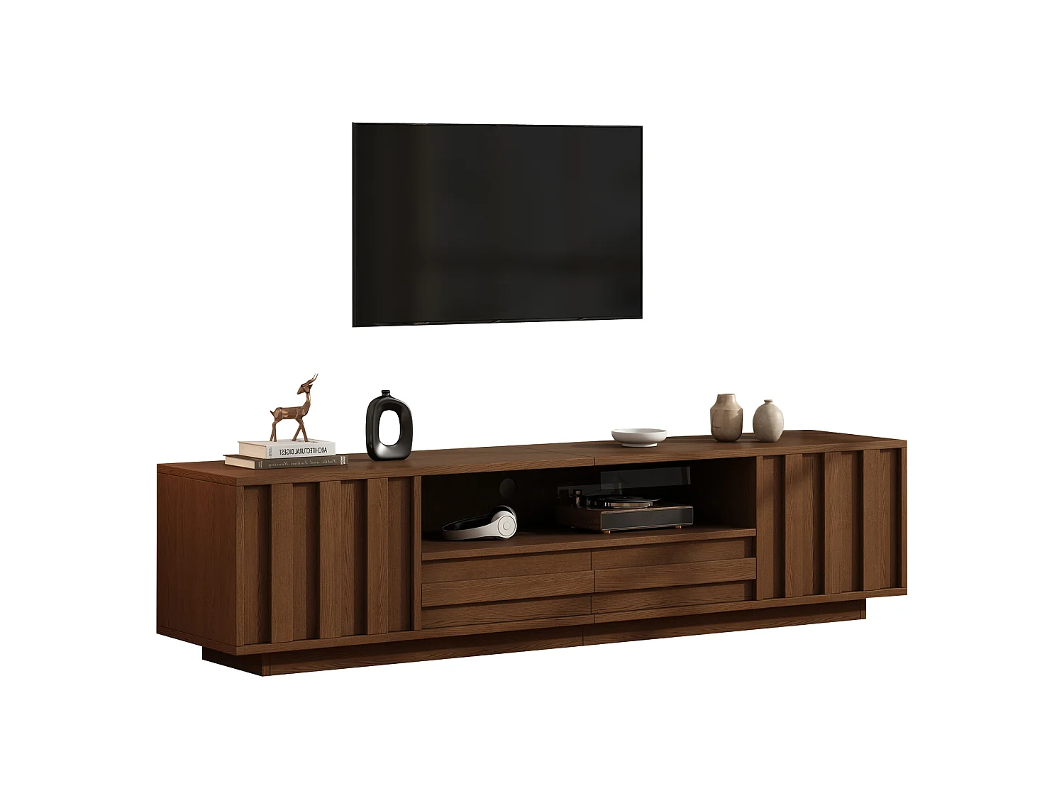 Meuble TV 180x40x45 cm - 2 portes, 2 tiroirs et 5 compartiments - Design 3D en relief - jusqu'à 75 pouces - Marron