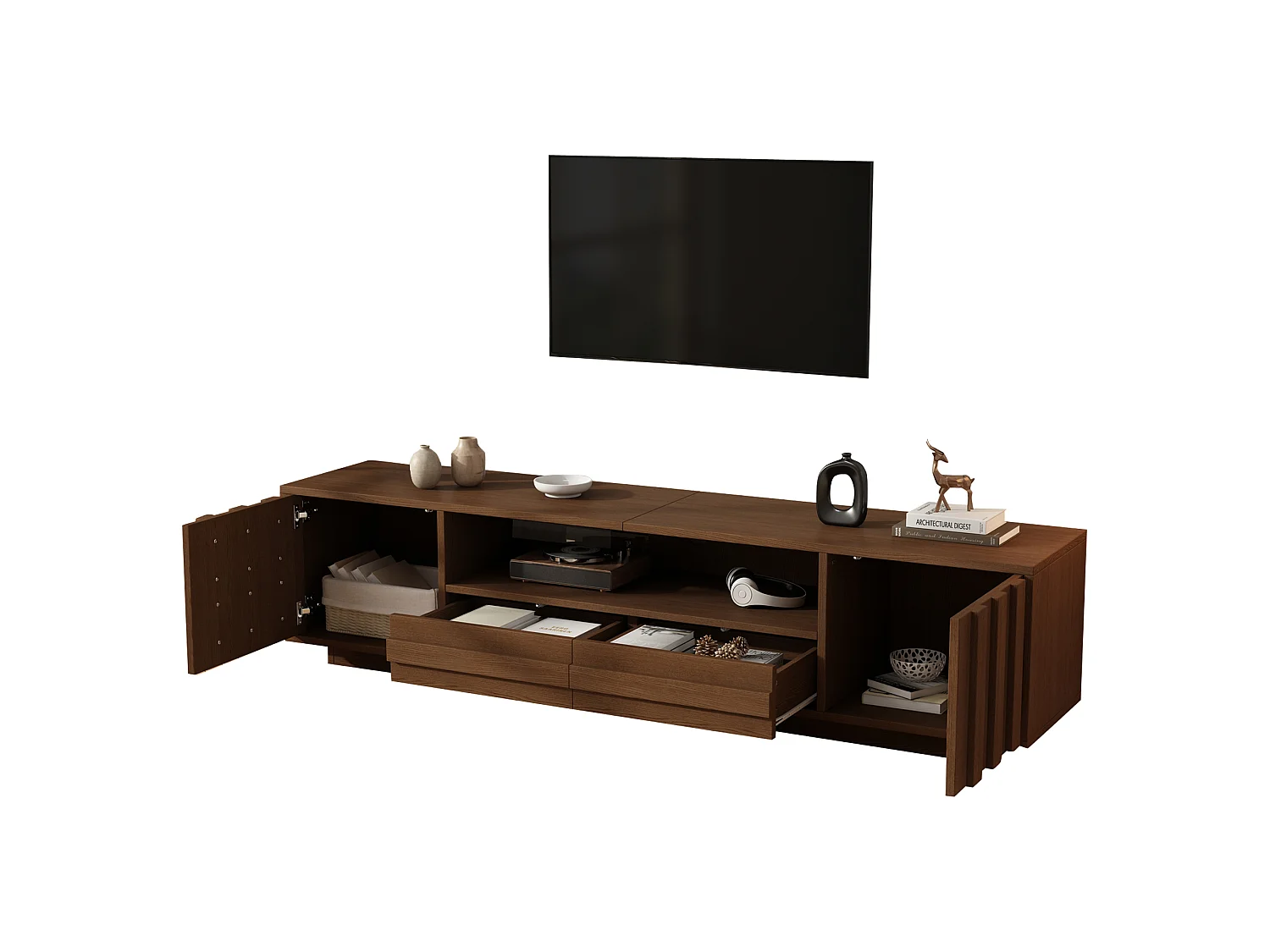 Meuble TV 180x40x45 cm - 2 portes, 2 tiroirs et 5 compartiments - Design 3D en relief - jusqu'à 75 pouces - Marron