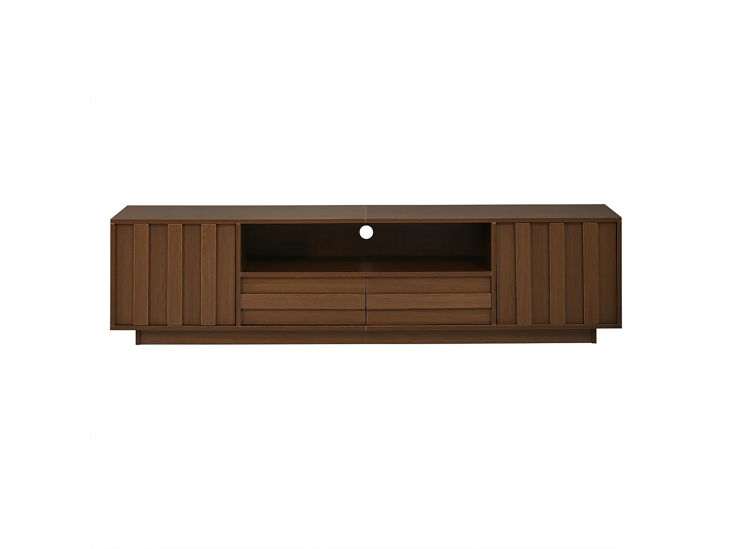 Meuble TV 180x40x45 cm - 2 portes, 2 tiroirs et 5 compartiments - Design 3D en relief - jusqu'à 75 pouces - Marron