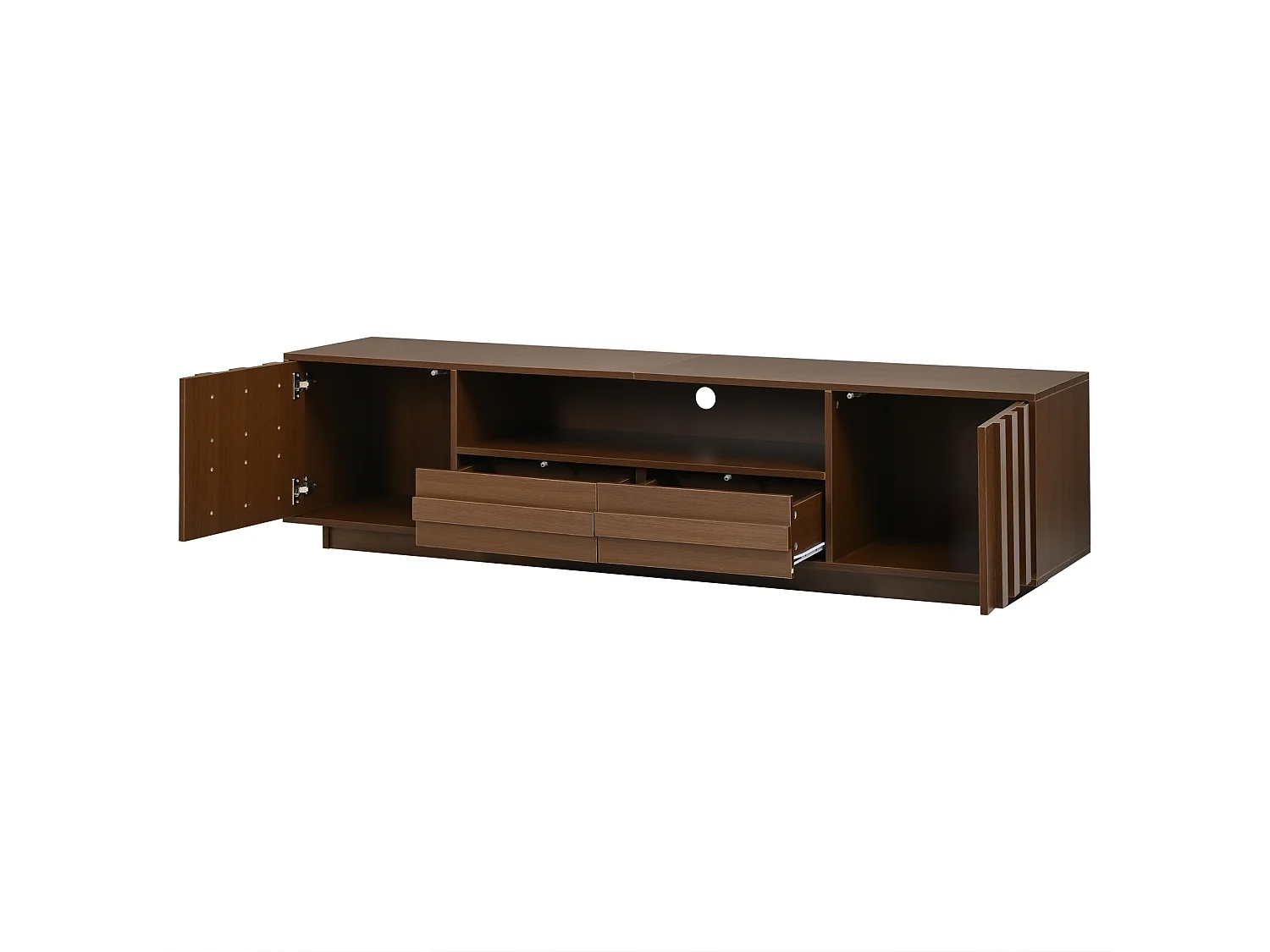Meuble TV 180x40x45 cm - 2 portes, 2 tiroirs et 5 compartiments - Design 3D en relief - jusqu'à 75 pouces - Marron